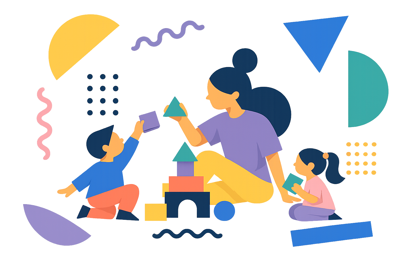 Parent high-fiving child while another child plays with building blocks